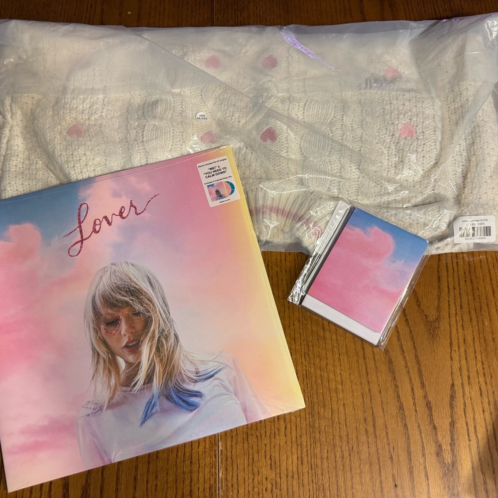Taylor Swift 'Lover' Bundle - L/XL Cardigan, Vinyl, and Valentines Day Card set